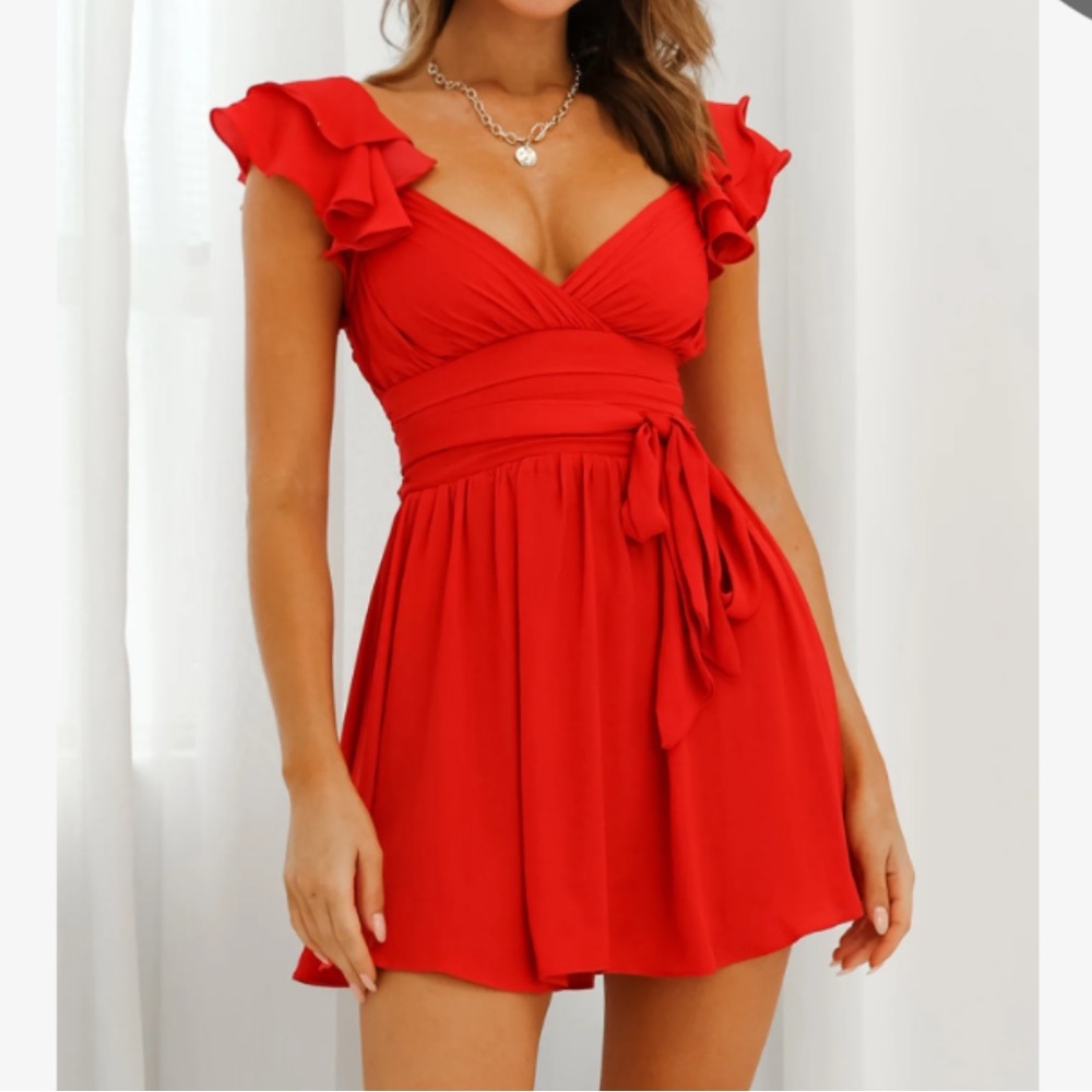 Red Lola Ruffle Shoulder Ruched Dress